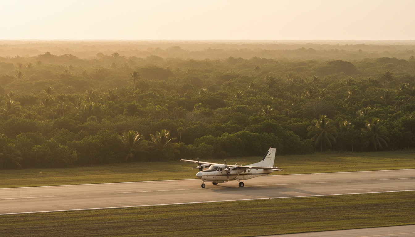 Pista del aeropuerto de Tulum rodeada de selva de la Riviera Maya al atardecer