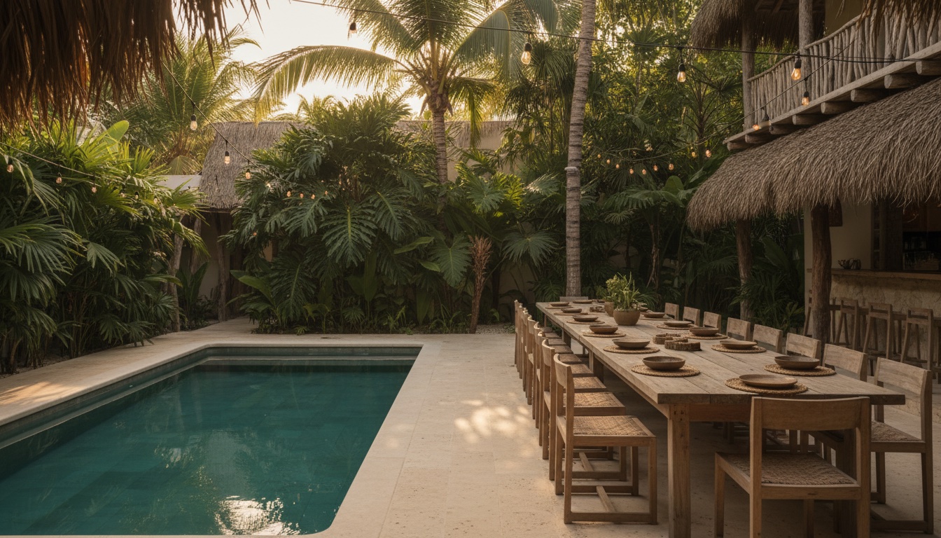 Terraza con piscina y jardín tropical de un coliving en la selva de Tulum, sin gente, a media tarde