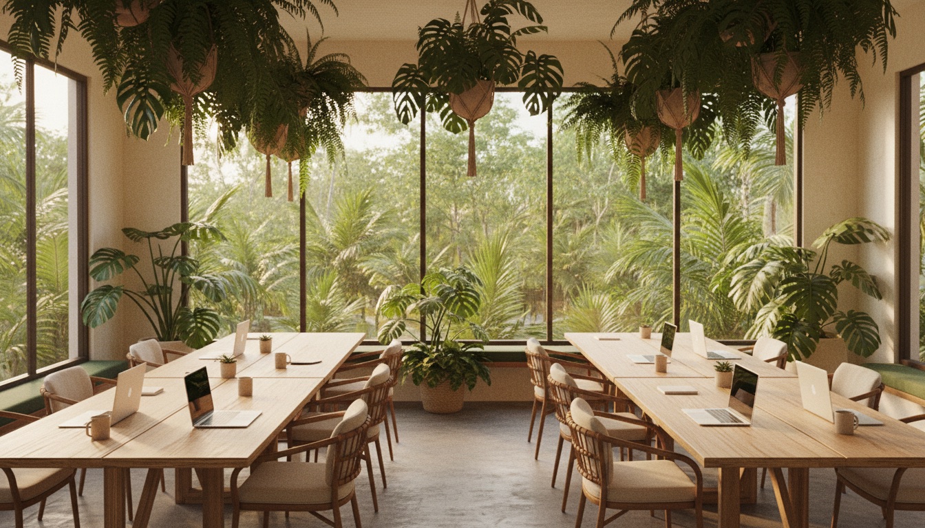 Tropical coworking space with wooden desks and plants in Tulum