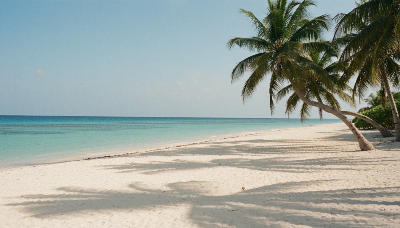 White sand beach with palm trees and turquoise sea in Tulum