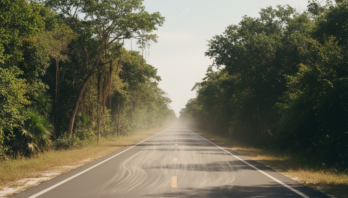 Straight highway cutting through the Riviera Maya jungle towards Tulum