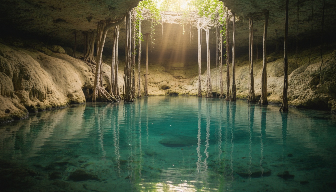 Turquoise crystal-clear cenote surrounded by rock and hanging roots near Tulum