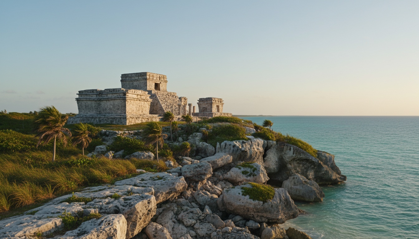 Maya ruins of Tulum on a cliff above the turquoise Caribbean sea