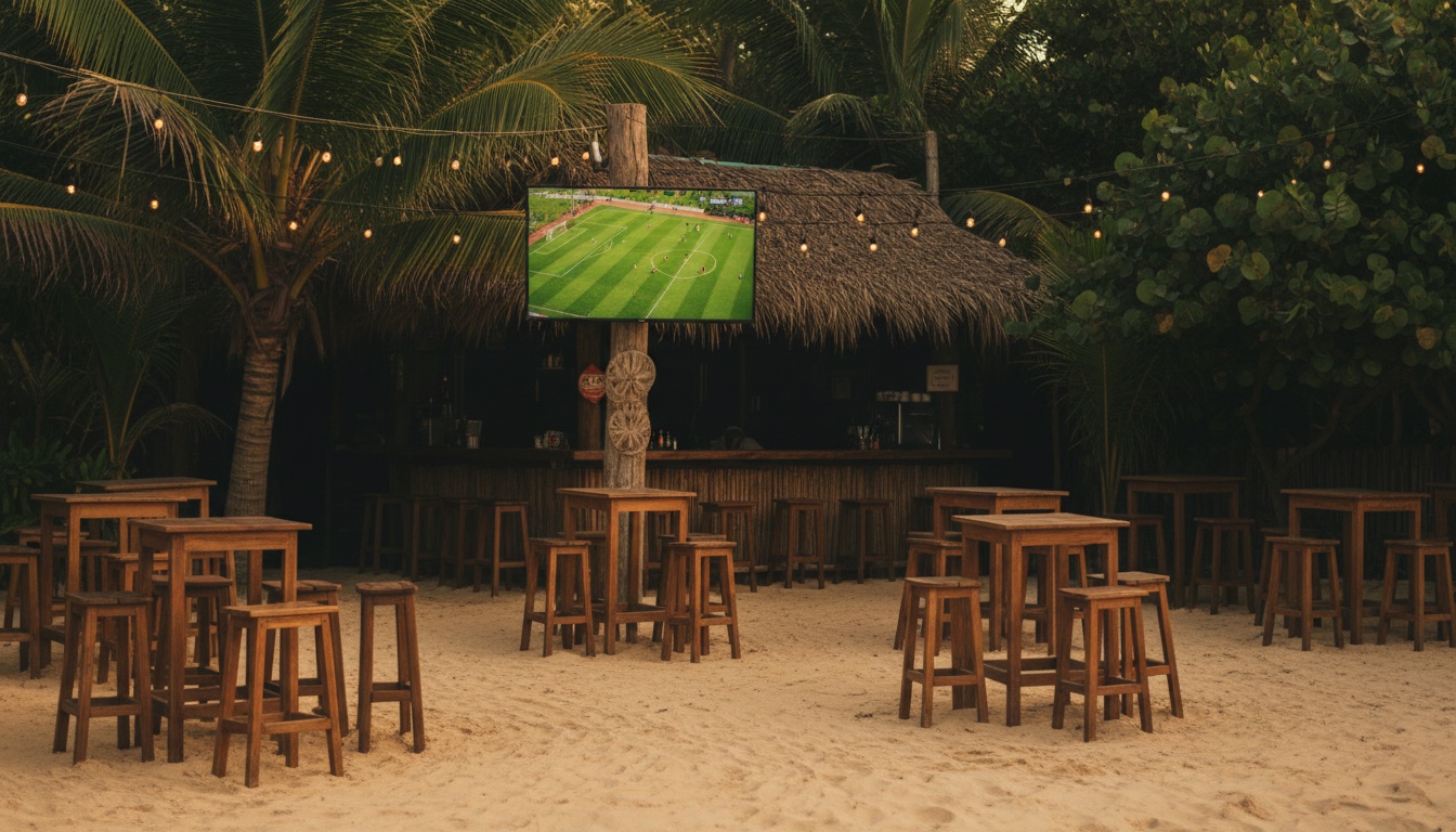 Beach bar in Tulum with a large screen showing a football match at sunset