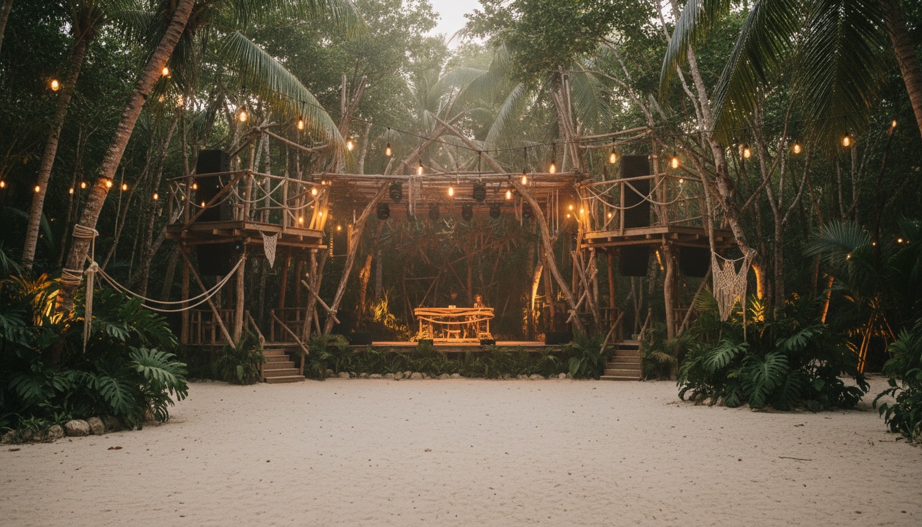 Escenario de festival entre la selva de Tulum al atardecer, luces cálidas y vegetación densa