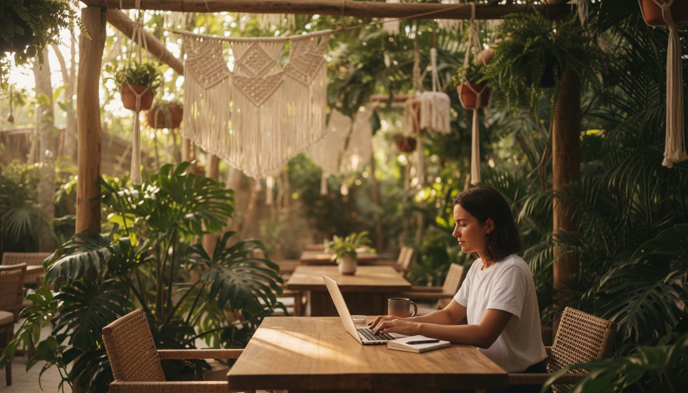 Person working on a laptop at a Tulum coworking surrounded by greenery