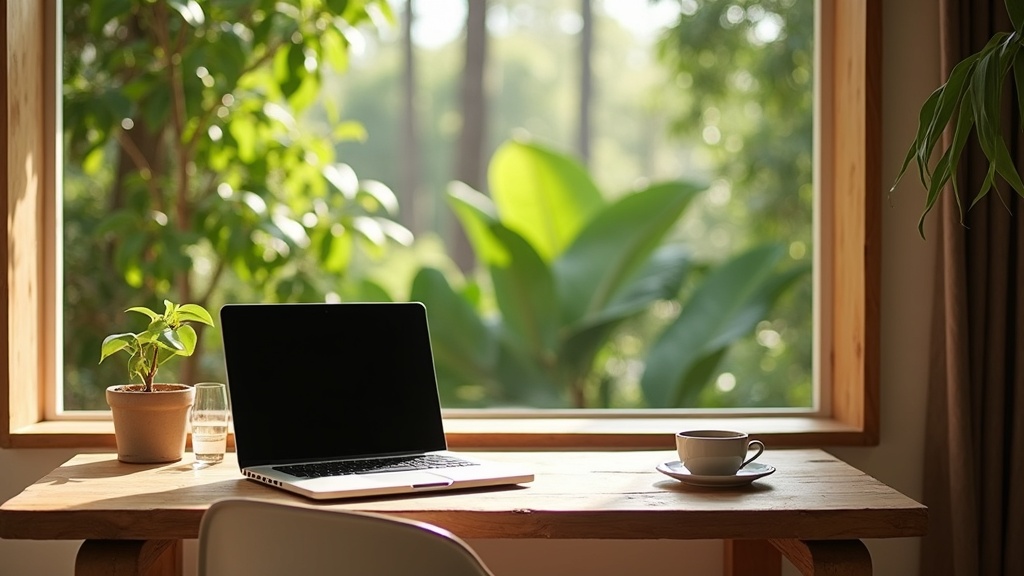 Escritorio con laptop y café junto a una ventana con selva de Tulum, luz cálida de mañana