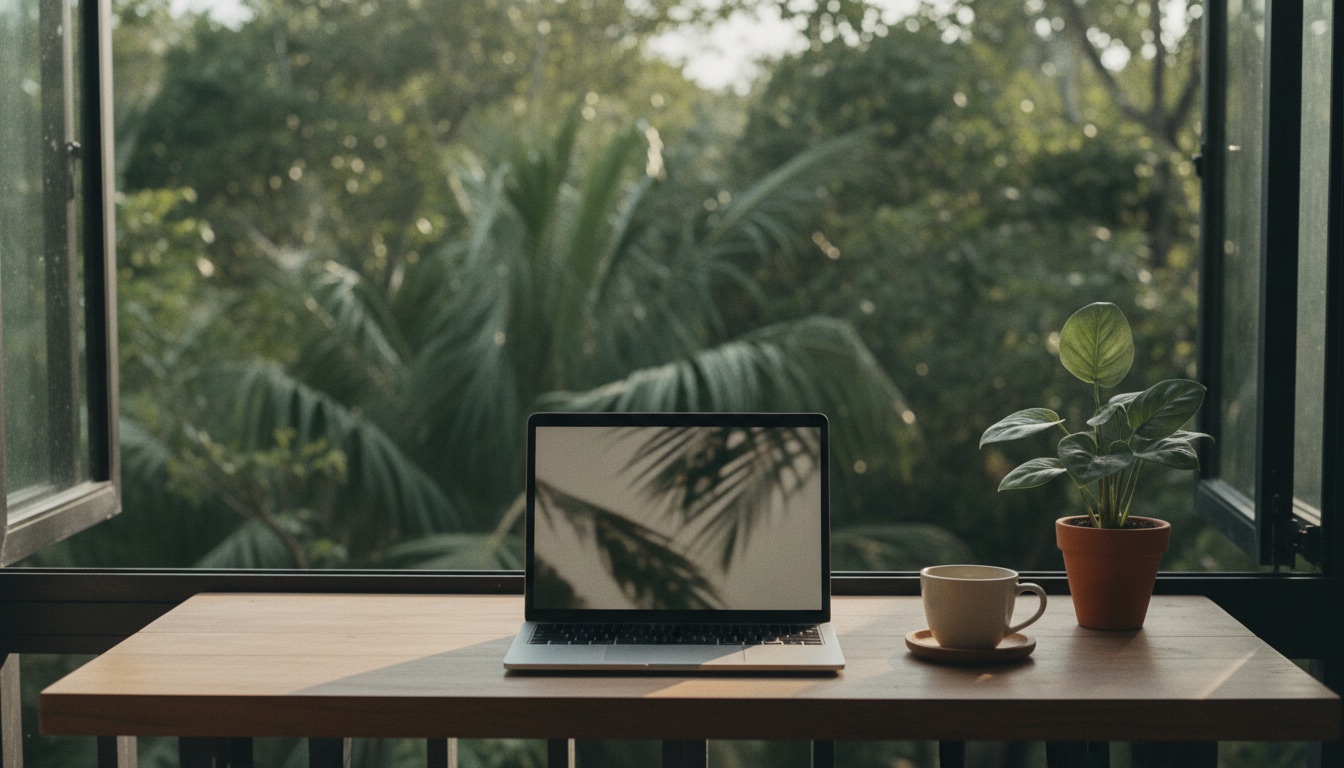 Desk with a laptop facing the jungle in Tulum, morning light