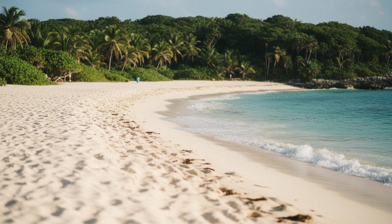 Playa pública del Parque del Jaguar en Tulum con selva y mar Caribe turquesa