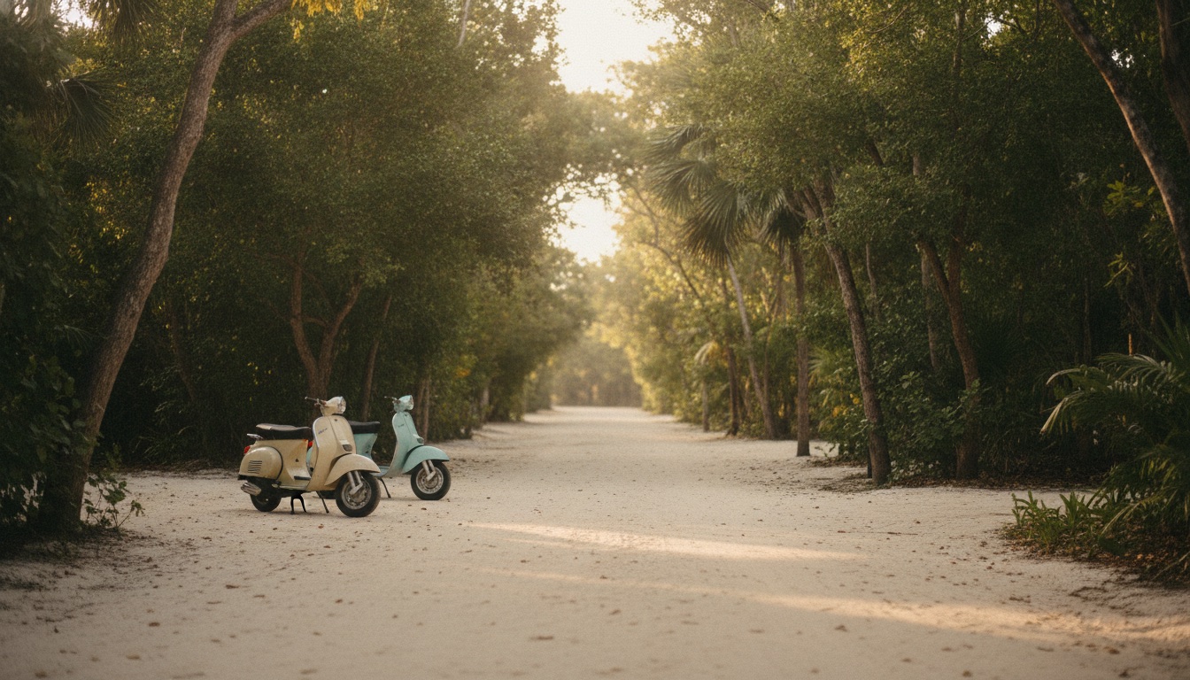 Tree-lined street in La Veleta, Tulum, with scooters parked among the jungle