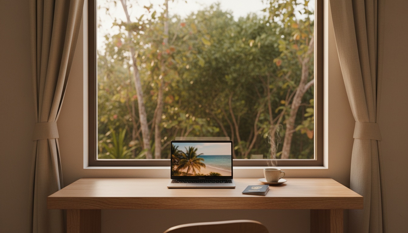 A work corner by a window with Tulum greenery outside, warm morning light