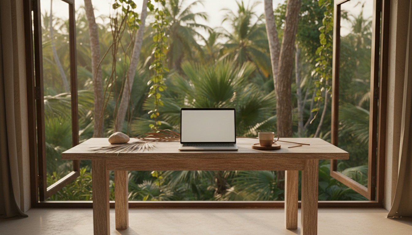 Desk by a window with Tulum jungle behind it, open laptop and warm morning light