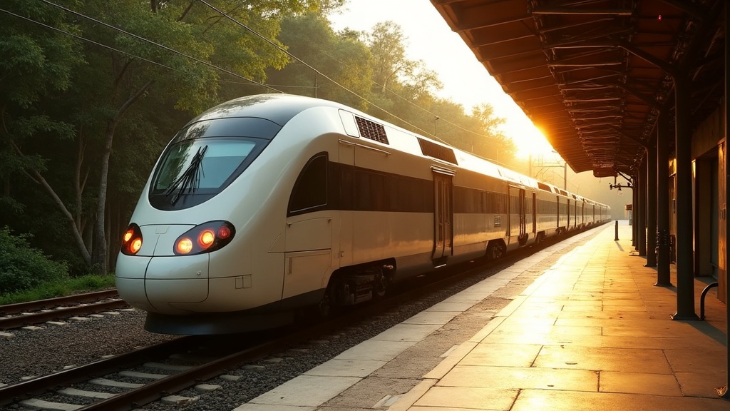 Tren Maya moderno detenido en una estación de la Riviera Maya rodeada de selva al atardecer