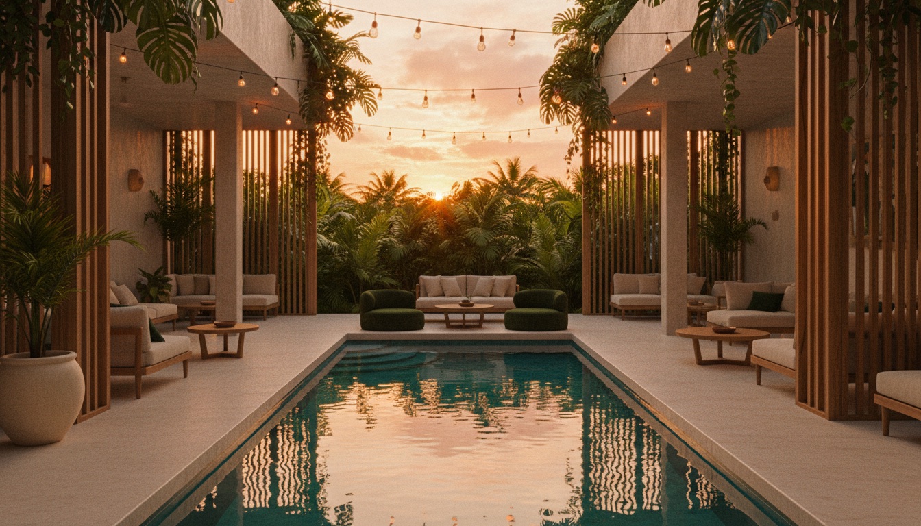 Coliving common area at sunset with pool and jungle in Tulum